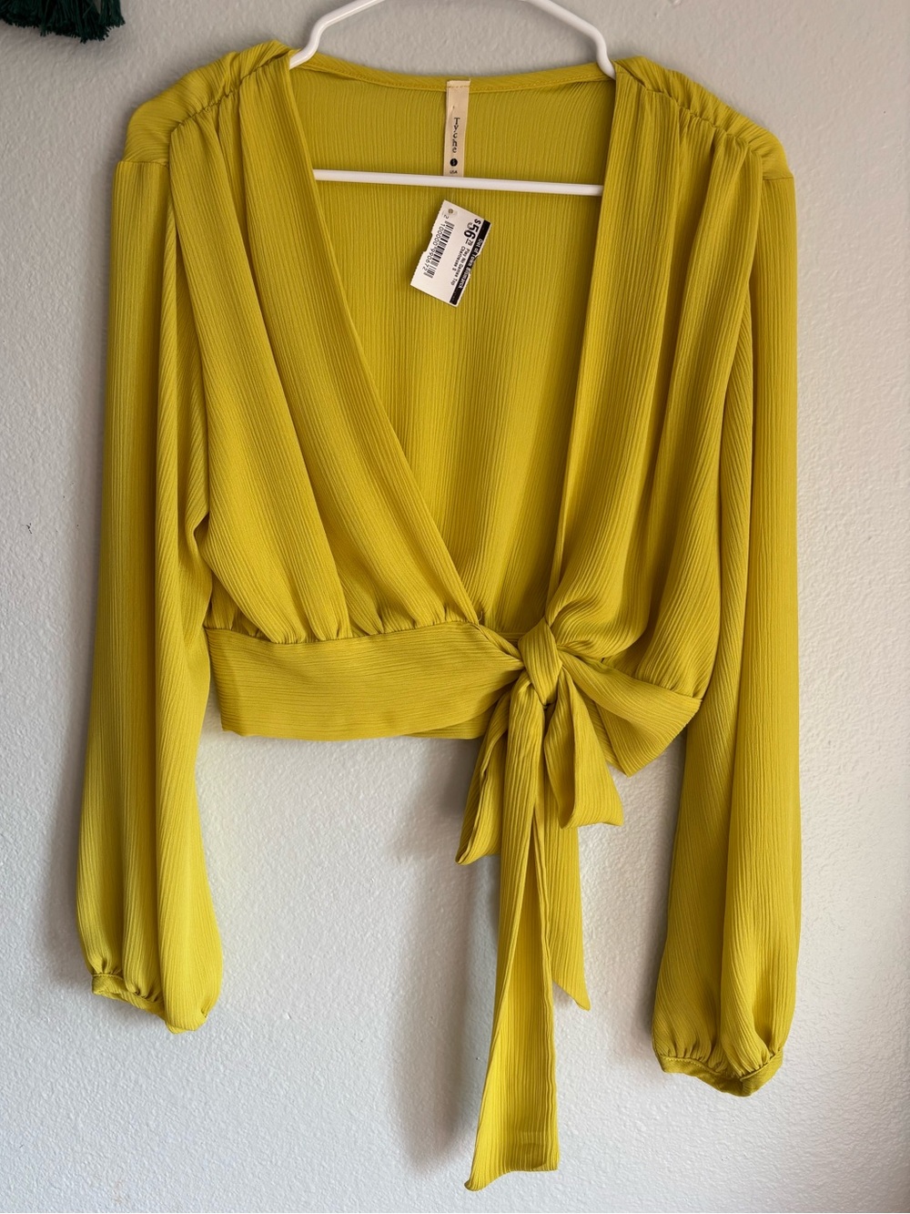 Tyche women’s size small mustard Yellow Wrap Front Tie Crop Blouse top NWT